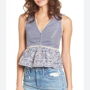 Anthropologie JOA Gingham Lace Trim Top Women's XS Blue White Blouse Sparkle 8